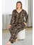 Lady Leopar Desenli Yumuşacık Pijama Uzun Kollu Üst Düğmeli Büyük Beden Viskon Kumaş Pijama Takımı 2