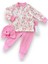 3-6-9-12 Ay Çiçek Baskılı Şapkalı Çıtçıt Kapamalı Patikli 3lü Kız Bebek Takımı Pembe 1
