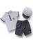 6-9 9-12 12-18 Ay Vip Yaka Şapkalı Kısa Kollu Sweat 3lü Erkek Bebek Takımı Gri 1