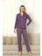 Önden Düğmeli Kadın Pijama Takımı - Mor Uzun Kol Likralı Rink Viskon 2854UY 1