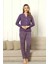 Önden Düğmeli Kadın Pijama Takımı - Mor Uzun Kol Likralı Rink Viskon 2854UY 2