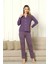 Önden Düğmeli Kadın Pijama Takımı - Mor Uzun Kol Likralı Rink Viskon 2854UY 3
