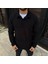 Erkek Fitilli Polar Sweatshirt – Düğmesiz Polo Yaka, Oversize Rahat Kalıp, Kalın Polar Kumaş, Kışlık ve Baharlık Şık Günlük Üst - Siyah 2