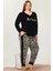 Lady Zebra Desenli Alt Çizgili Yumuşacık Pijama Uzun Kollu V Yakalı Viskon Kumaş Pijama Takımı 1