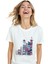 Kadın Beyaz Relaxed Fit %100 Pamuk Tişört – Suluboya Kitap Tepeleri & Kız Illüstrasyonlu 5