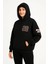 Kadın Üç Iplik Kapüşonlu Ön ve Arka Baskılı Sweatshirt Hoodie - Siyah 3