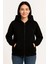 Kadın Üç Iplik Kapüşonlu Tam Fermuarlı Kanguru Çepli Sweatshirt Hoodie - Siyah 6