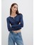 Düğme Detaylı Uzun Kollu Lacivert Crop Basic Tişört 1613403-70487 7