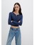 Düğme Detaylı Uzun Kollu Lacivert Crop Basic Tişört 1613403-70487 9