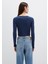 Düğme Detaylı Uzun Kollu Lacivert Crop Basic Tişört 1613403-70487 11