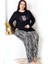 Lady Uzun Kollu Bisiklet Yaka Üst ve Çigili Desenli Alt Büyük Beden Viskon Kumaş Pijama Takımı 1