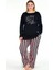 Lady Çizgili Yumuşacık Pijama ve Uzun Kollu Siyah Üst Büyük Beden Viskon Kumaş Pijama Takımı 1