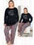 Lady Çizgili Yumuşacık Pijama ve Uzun Kollu Siyah Üst Büyük Beden Viskon Kumaş Pijama Takımı 2