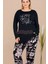 Lady Siyah Renk Çiçek Desenli 11389 Kadın Uzun Kol Anneler Için Büyük Beden Pijama Takımı 3