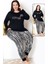 Lady Uzun Kollu Bisiklet Yaka Üst ve Çizgili Lastikli Paçalı Büyük Beden Viskon Kumaş Pijama Takımı 2