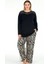 Lady Zebra Desenli Yumuşacık Pijama Uzun Kollu Omuzlar Dantel Büyük Beden Viskon Pijama Takımı 1