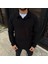 Erkek Fitilli Polar Sweatshirt – Düğmesiz Polo Yaka, Oversize Rahat Kalıp, Kalın Polar Kumaş, Kışlık ve Baharlık Şık Günlük Üst - Siyah 2