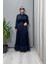 Jakarlı Cupro Elbise Lacivert 38809 1