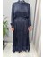 Jakarlı Cupro Elbise Lacivert 38809 4
