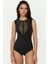 Kadın Yakası Transparan Detaylı Slim Fit Yuvarlak Yaka Örme Body Siyah 1