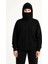 Kadın Samuray Ninja Çift Kapşonlu Zıp Fermuarlı Kanguru Çepli Hoodie Maske Detaylı Swetshirt - Siyah 4