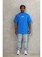 Unisex Oversize Baskılı Bisiklet Yaka T-Shirt - Mavi -Vlmr 4