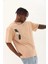 Unisex Oversize Baskılı Bisiklet Yaka T-Shirt - Bej -Vlmr 3