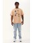 Unisex Oversize Baskılı Bisiklet Yaka T-Shirt - Bej -Vlmr 4