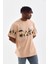 Unisex Bisiklet Yaka Baskılı Oversize T-Shirt - Bej -Vlmr 4