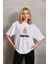Unisex Bisiklet Yaka Baskılı Oversize T-Shirt - Beyaz -Vlmr 1