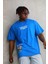 Unisex Bisiklet Yaka Baskılı Oversize T-Shirt - Mavi -Vlmr 2