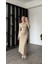 Kare Yaka Uzun Kollu Bodycon Fitilli Kaşkorse Midi/maxi Elbise - Bej 2