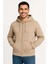 Erkek Üç Iplik Kapüşonlu Tam Fermuarlı Kanguru Çepli Sweatshirt Hoodie - Bej -Vlmr 4