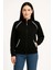 Kadın Oversize Dik Yaka Fermuarlı Sweatshirt - Zincir Nakışli Kanguru Cepli, - Siyah -Vlmr 1
