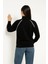 Kadın Oversize Dik Yaka Fermuarlı Sweatshirt - Zincir Nakışli Kanguru Cepli, - Siyah -Vlmr 2