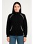 Kadın Oversize Dik Yaka Fermuarlı Sweatshirt - Zincir Nakışli Kanguru Cepli, - Siyah -Vlmr 3