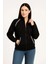 Kadın Oversize Dik Yaka Fermuarlı Sweatshirt - Zincir Nakışli Kanguru Cepli, - Siyah -Vlmr 4