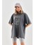 Unisex Taş Desenli Oversize T-Shirt - Füme -Vlmr 1