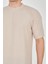 Unisex Waffle Kumaş Rahat Kol T-Shirt - Bej -Vlmr 3