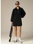 3 Iplik Şardonlu Siyah Oversize Fermuarlı Tunik Sweatshirt - Günlük Spor Elbise 5