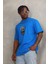 Unisex Oversize Baskılı Bisiklet Yaka T-Shirt - Mavi -Vlmr 2