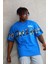 Unisex Bisiklet Yaka Baskılı Oversize T-Shirt - Mavi -Vlmr 1
