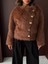 Kadın Vintage Peluş Tüylü Crop Ceket Altın Düğmeli Bisiklet Yaka Kışlık Şık Ceket 4
