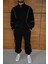 Erkek Premium Parçalı Eşofman Takım - Dik Yaka Fermuarlı Biyeli Sweatshirt Lastik Paça Alt, Oversize 3 Iplik Şardonlu - Siyah -Vlmr 2