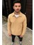 Erkek Fitilli Polar Sweatshirt – Düğmesiz Polo Yaka, Oversize Rahat Kalıp, Kalın Polar Kumaş, Kışlık ve Baharlık Şık Günlük Üst - Bej 1