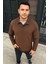 Erkek Fitilli Polar Sweatshirt – Düğmesiz Polo Yaka, Oversize Rahat Kalıp, Kalın Polar Kumaş, Kışlık ve Baharlık Şık Günlük Üst - Kahverengi 1