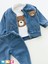 3lü Kombin Kız Erkek Bebek Ayıcık Pelüş Deseni Ceket Sweatshirt ve Pantolon Şık Tasarım Jean Takım 3