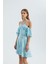 Kadın Çiçek Desenli Kat-Aşağı Askılı Mini Elbise Mavi 11
