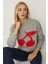 Kadın Relaxed Fit Cherry Desenli Triko Kazak Gri 12