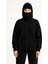 Kadın Samuray Ninja Çift Kapşonlu Zıp Fermuarlı Kanguru Çepli Hoodie Maske Detaylı Swetshirt - Siyah 4